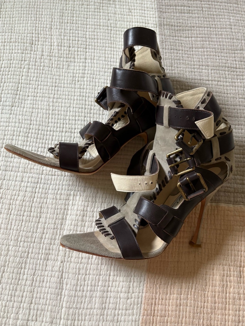 Brian Atwood Brown and Tan Strappy Stiletto Sandals